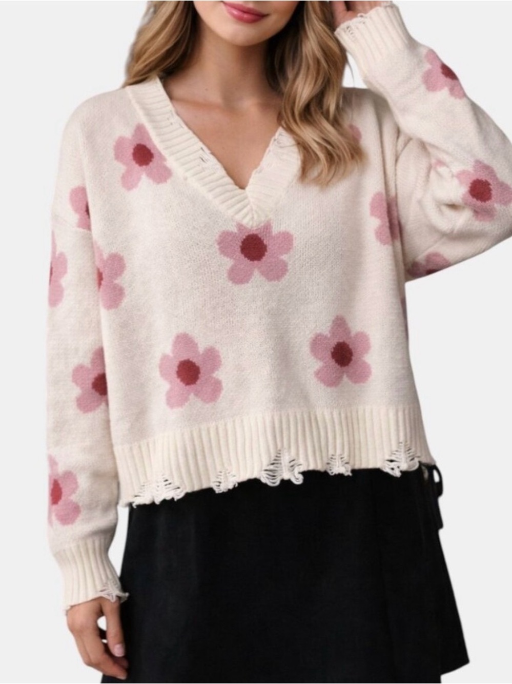 Alter’d State Cream V-Neck Sweater Pink Floral Motif Distressed Hems Sz XS